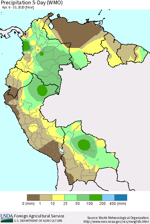 Northern South America Precipitation 5-Day (WMO) Thematic Map For 4/6/2020 - 4/10/2020