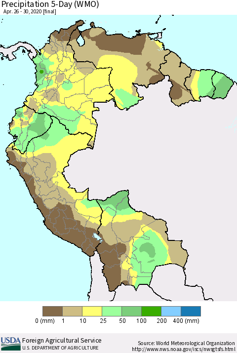 Northern South America Precipitation 5-Day (WMO) Thematic Map For 4/26/2020 - 4/30/2020