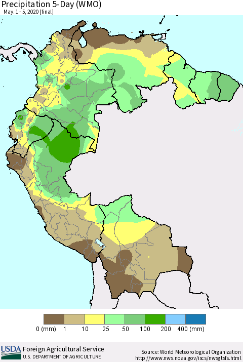 Northern South America Precipitation 5-Day (WMO) Thematic Map For 5/1/2020 - 5/5/2020