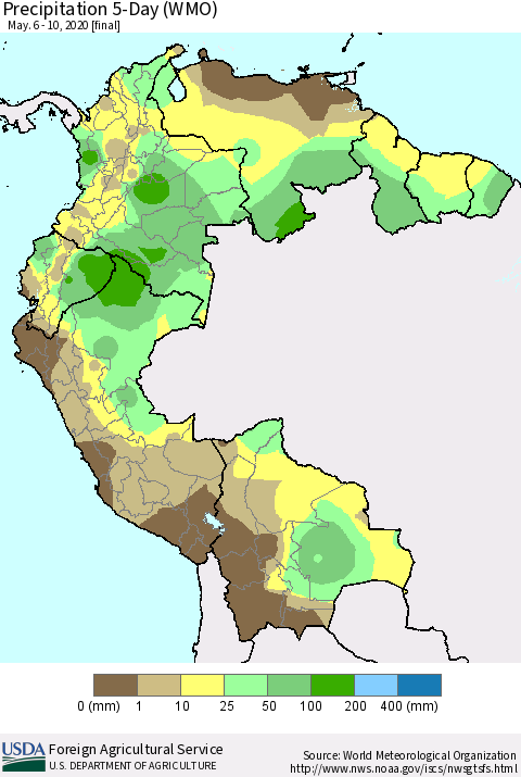 Northern South America Precipitation 5-Day (WMO) Thematic Map For 5/6/2020 - 5/10/2020
