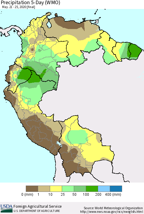 Northern South America Precipitation 5-Day (WMO) Thematic Map For 5/21/2020 - 5/25/2020