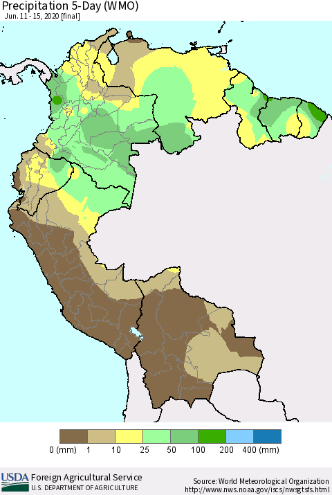Northern South America Precipitation 5-Day (WMO) Thematic Map For 6/11/2020 - 6/15/2020