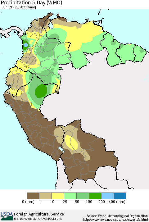 Northern South America Precipitation 5-Day (WMO) Thematic Map For 6/21/2020 - 6/25/2020