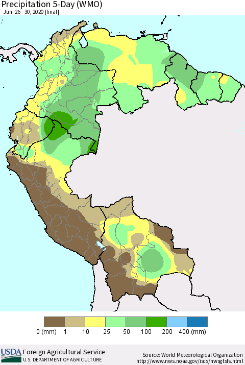 Northern South America Precipitation 5-Day (WMO) Thematic Map For 6/26/2020 - 6/30/2020