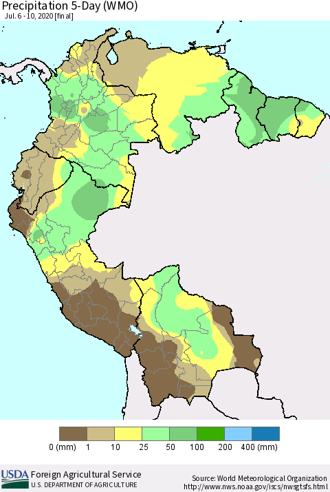 Northern South America Precipitation 5-Day (WMO) Thematic Map For 7/6/2020 - 7/10/2020