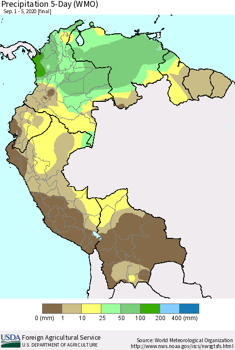 Northern South America Precipitation 5-Day (WMO) Thematic Map For 9/1/2020 - 9/5/2020