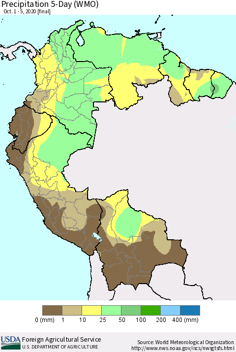 Northern South America Precipitation 5-Day (WMO) Thematic Map For 10/1/2020 - 10/5/2020
