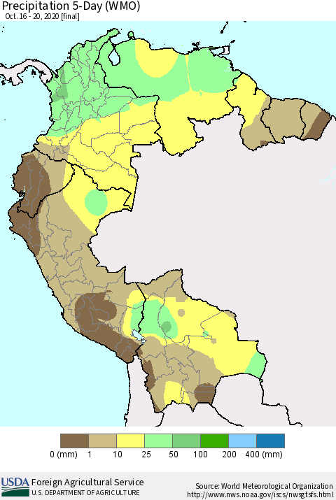 Northern South America Precipitation 5-Day (WMO) Thematic Map For 10/16/2020 - 10/20/2020