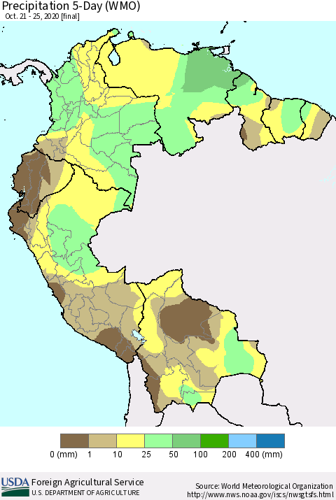 Northern South America Precipitation 5-Day (WMO) Thematic Map For 10/21/2020 - 10/25/2020