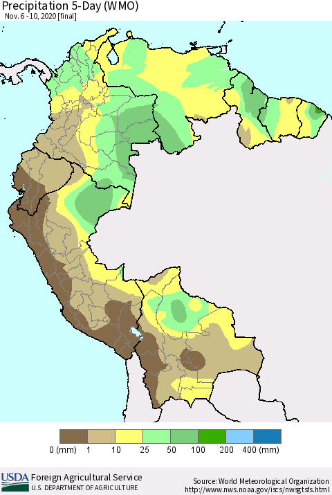 Northern South America Precipitation 5-Day (WMO) Thematic Map For 11/6/2020 - 11/10/2020
