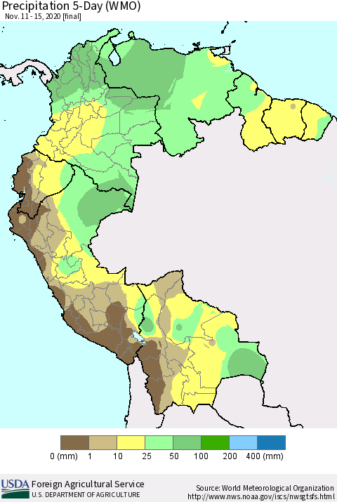 Northern South America Precipitation 5-Day (WMO) Thematic Map For 11/11/2020 - 11/15/2020