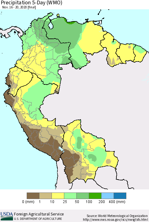 Northern South America Precipitation 5-Day (WMO) Thematic Map For 11/16/2020 - 11/20/2020