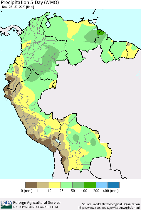Northern South America Precipitation 5-Day (WMO) Thematic Map For 11/26/2020 - 11/30/2020
