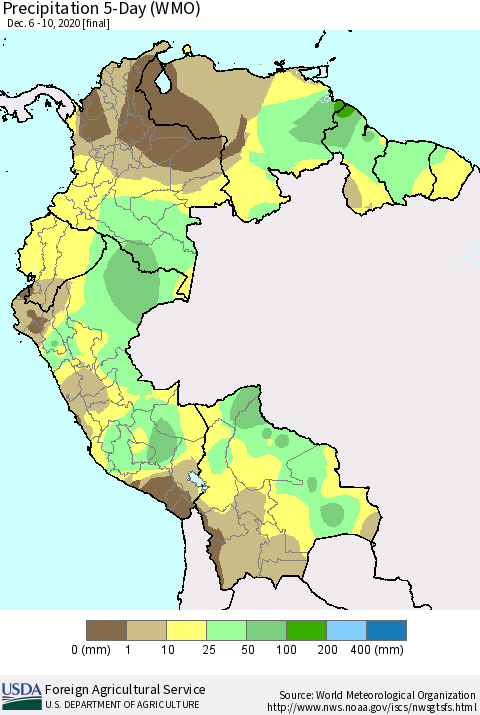 Northern South America Precipitation 5-Day (WMO) Thematic Map For 12/6/2020 - 12/10/2020