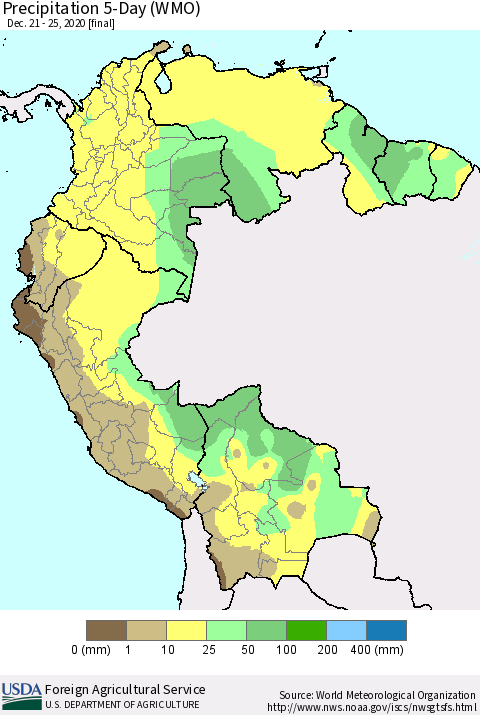 Northern South America Precipitation 5-Day (WMO) Thematic Map For 12/21/2020 - 12/25/2020