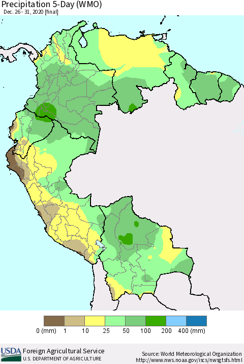 Northern South America Precipitation 5-Day (WMO) Thematic Map For 12/26/2020 - 12/31/2020