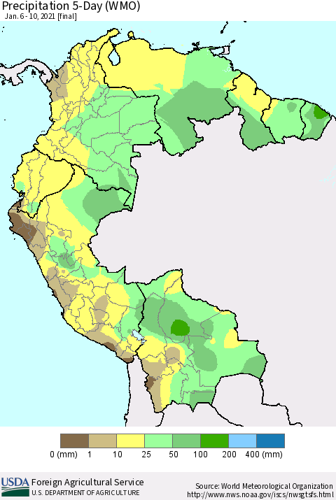 Northern South America Precipitation 5-Day (WMO) Thematic Map For 1/6/2021 - 1/10/2021