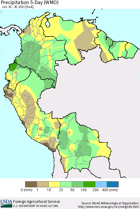 Northern South America Precipitation 5-Day (WMO) Thematic Map For 1/16/2021 - 1/20/2021
