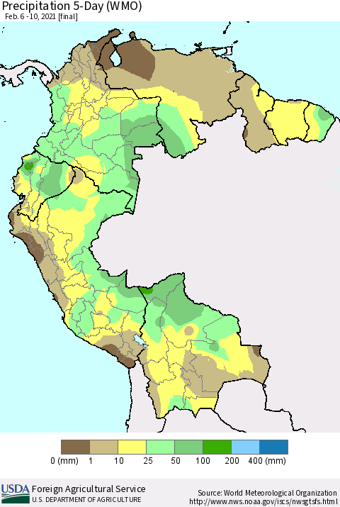 Northern South America Precipitation 5-Day (WMO) Thematic Map For 2/6/2021 - 2/10/2021