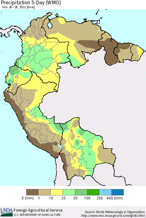 Northern South America Precipitation 5-Day (WMO) Thematic Map For 2/26/2021 - 2/28/2021