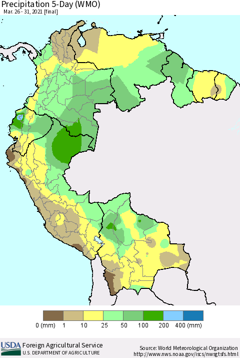 Northern South America Precipitation 5-Day (WMO) Thematic Map For 3/26/2021 - 3/31/2021