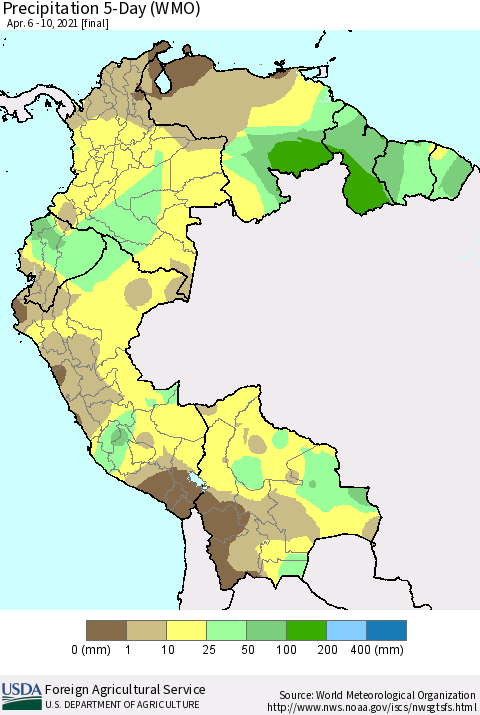 Northern South America Precipitation 5-Day (WMO) Thematic Map For 4/6/2021 - 4/10/2021