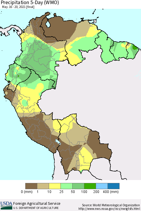 Northern South America Precipitation 5-Day (WMO) Thematic Map For 5/16/2021 - 5/20/2021