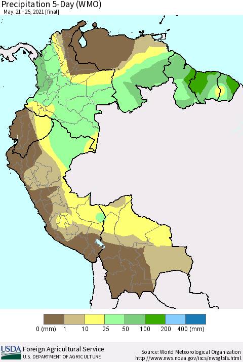 Northern South America Precipitation 5-Day (WMO) Thematic Map For 5/21/2021 - 5/25/2021