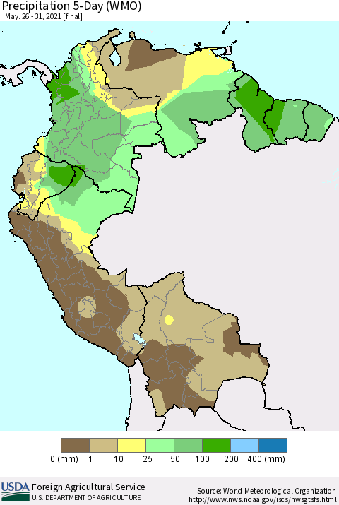 Northern South America Precipitation 5-Day (WMO) Thematic Map For 5/26/2021 - 5/31/2021