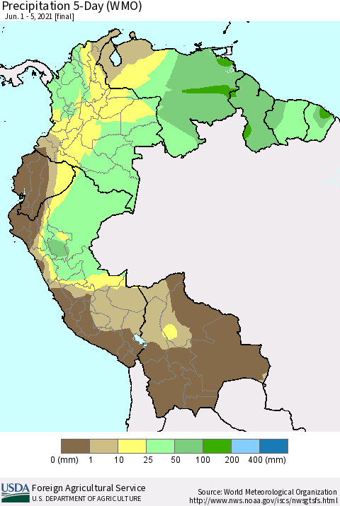 Northern South America Precipitation 5-Day (WMO) Thematic Map For 6/1/2021 - 6/5/2021