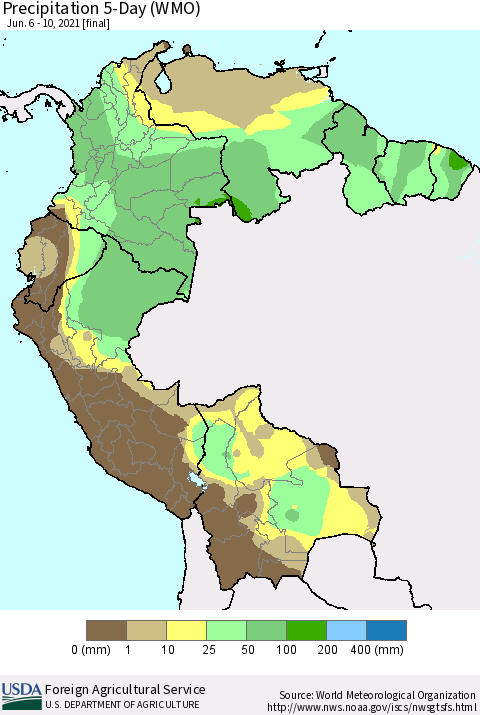 Northern South America Precipitation 5-Day (WMO) Thematic Map For 6/6/2021 - 6/10/2021