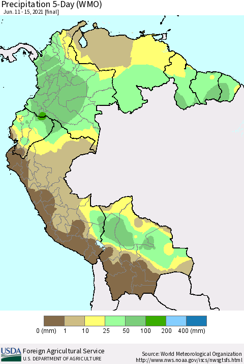 Northern South America Precipitation 5-Day (WMO) Thematic Map For 6/11/2021 - 6/15/2021