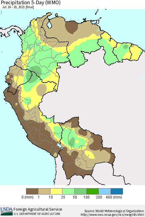 Northern South America Precipitation 5-Day (WMO) Thematic Map For 7/16/2021 - 7/20/2021
