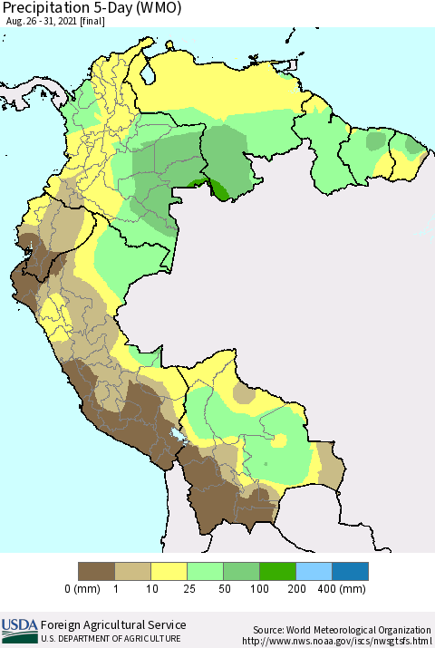 Northern South America Precipitation 5-Day (WMO) Thematic Map For 8/26/2021 - 8/31/2021