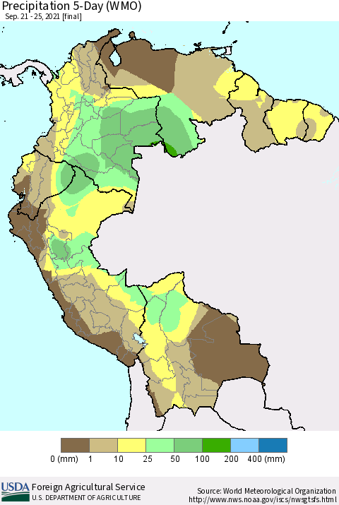 Northern South America Precipitation 5-Day (WMO) Thematic Map For 9/21/2021 - 9/25/2021