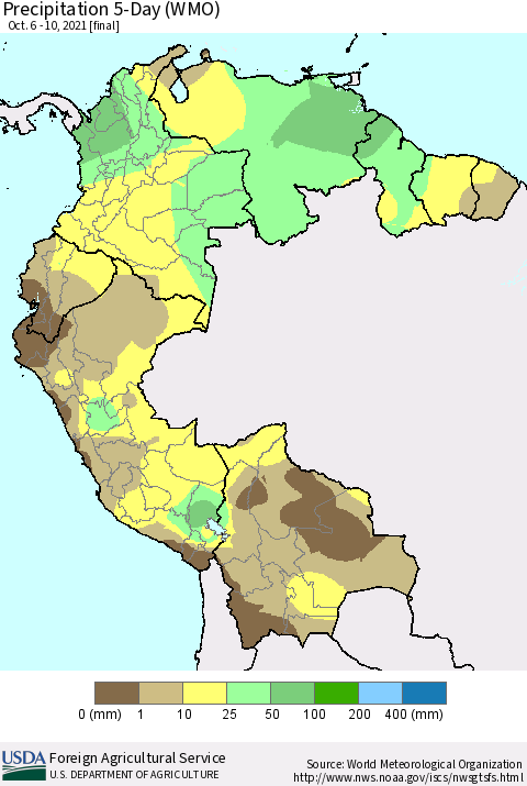 Northern South America Precipitation 5-Day (WMO) Thematic Map For 10/6/2021 - 10/10/2021