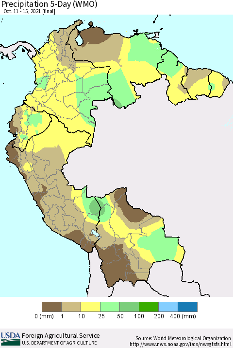 Northern South America Precipitation 5-Day (WMO) Thematic Map For 10/11/2021 - 10/15/2021