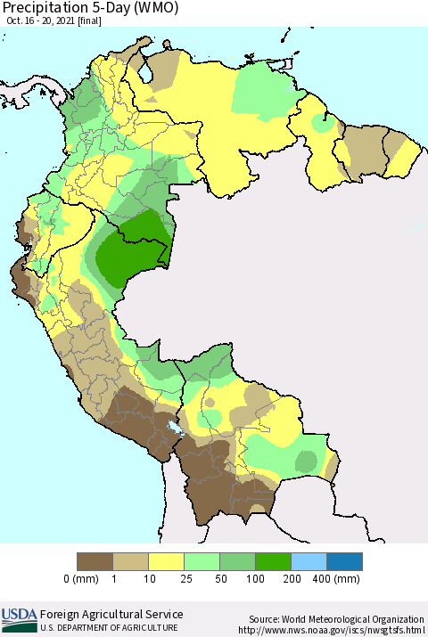 Northern South America Precipitation 5-Day (WMO) Thematic Map For 10/16/2021 - 10/20/2021