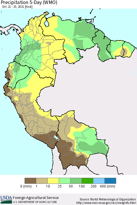 Northern South America Precipitation 5-Day (WMO) Thematic Map For 10/21/2021 - 10/25/2021