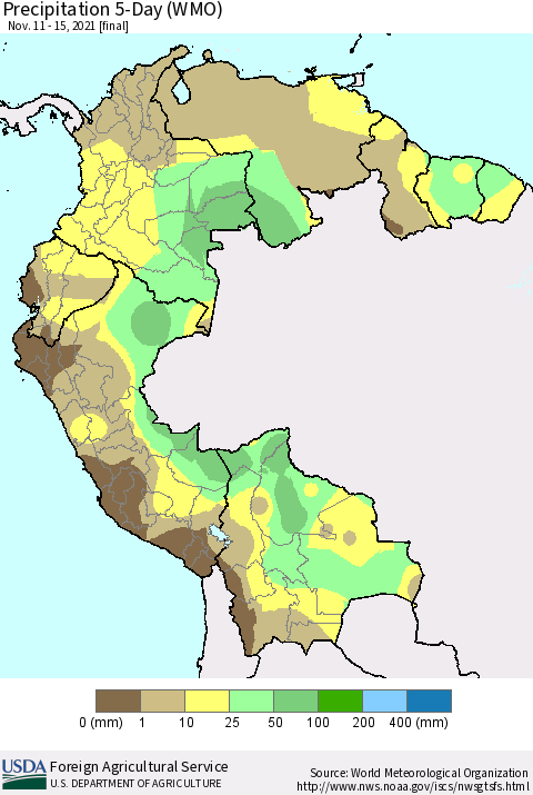 Northern South America Precipitation 5-Day (WMO) Thematic Map For 11/11/2021 - 11/15/2021