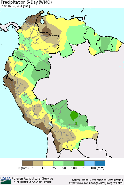 Northern South America Precipitation 5-Day (WMO) Thematic Map For 11/16/2021 - 11/20/2021