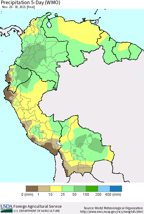 Northern South America Precipitation 5-Day (WMO) Thematic Map For 11/26/2021 - 11/30/2021