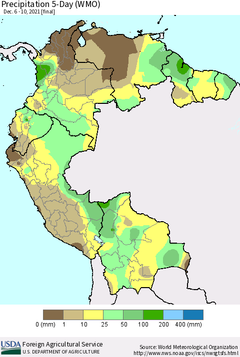 Northern South America Precipitation 5-Day (WMO) Thematic Map For 12/6/2021 - 12/10/2021