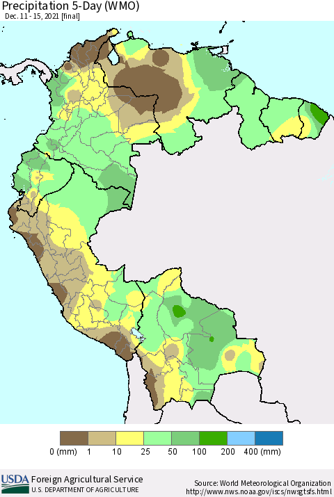 Northern South America Precipitation 5-Day (WMO) Thematic Map For 12/11/2021 - 12/15/2021