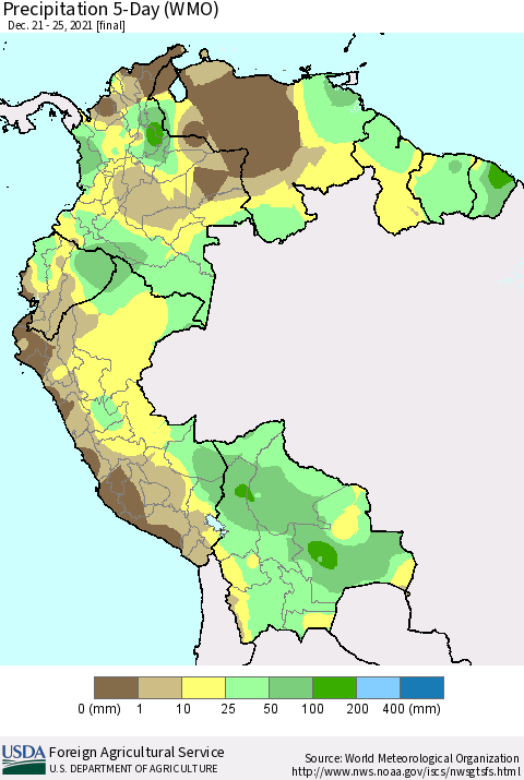 Northern South America Precipitation 5-Day (WMO) Thematic Map For 12/21/2021 - 12/25/2021