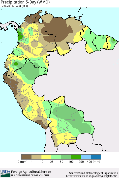 Northern South America Precipitation 5-Day (WMO) Thematic Map For 12/26/2021 - 12/31/2021
