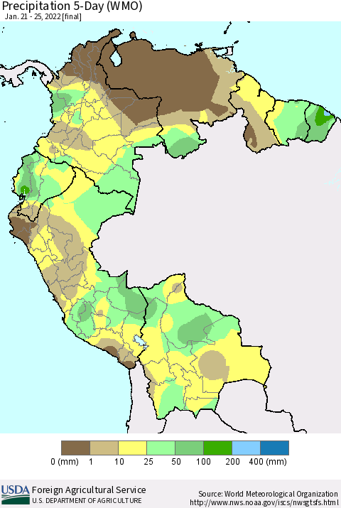 Northern South America Precipitation 5-Day (WMO) Thematic Map For 1/21/2022 - 1/25/2022