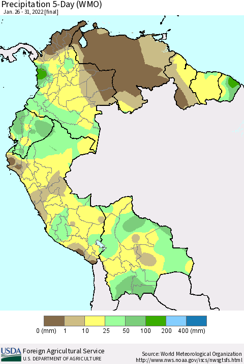 Northern South America Precipitation 5-Day (WMO) Thematic Map For 1/26/2022 - 1/31/2022
