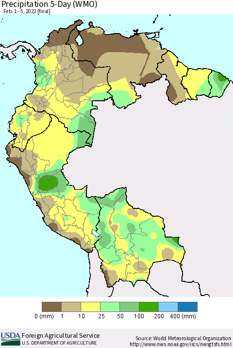 Northern South America Precipitation 5-Day (WMO) Thematic Map For 2/1/2022 - 2/5/2022