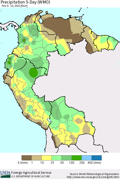 Northern South America Precipitation 5-Day (WMO) Thematic Map For 2/6/2022 - 2/10/2022